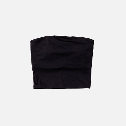 Black tube top activewear on a light gray background