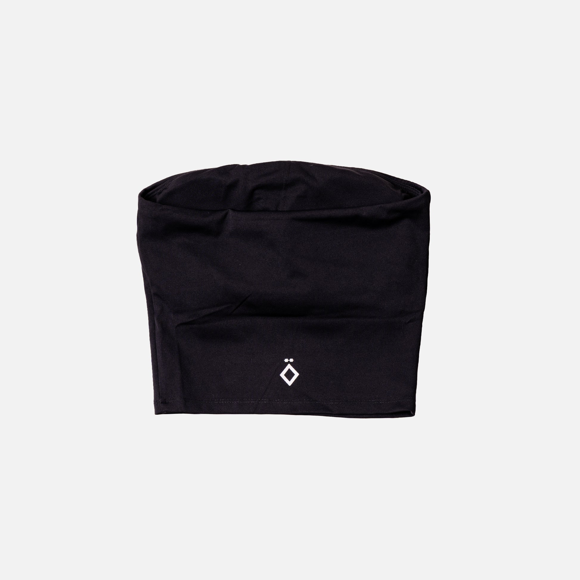 Black top for workout with a logo on a light gray background