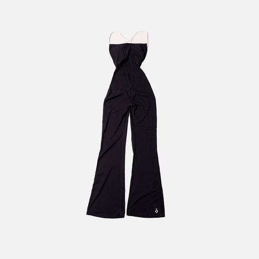 Black slim-strap athletic jumpsuit with flared legs