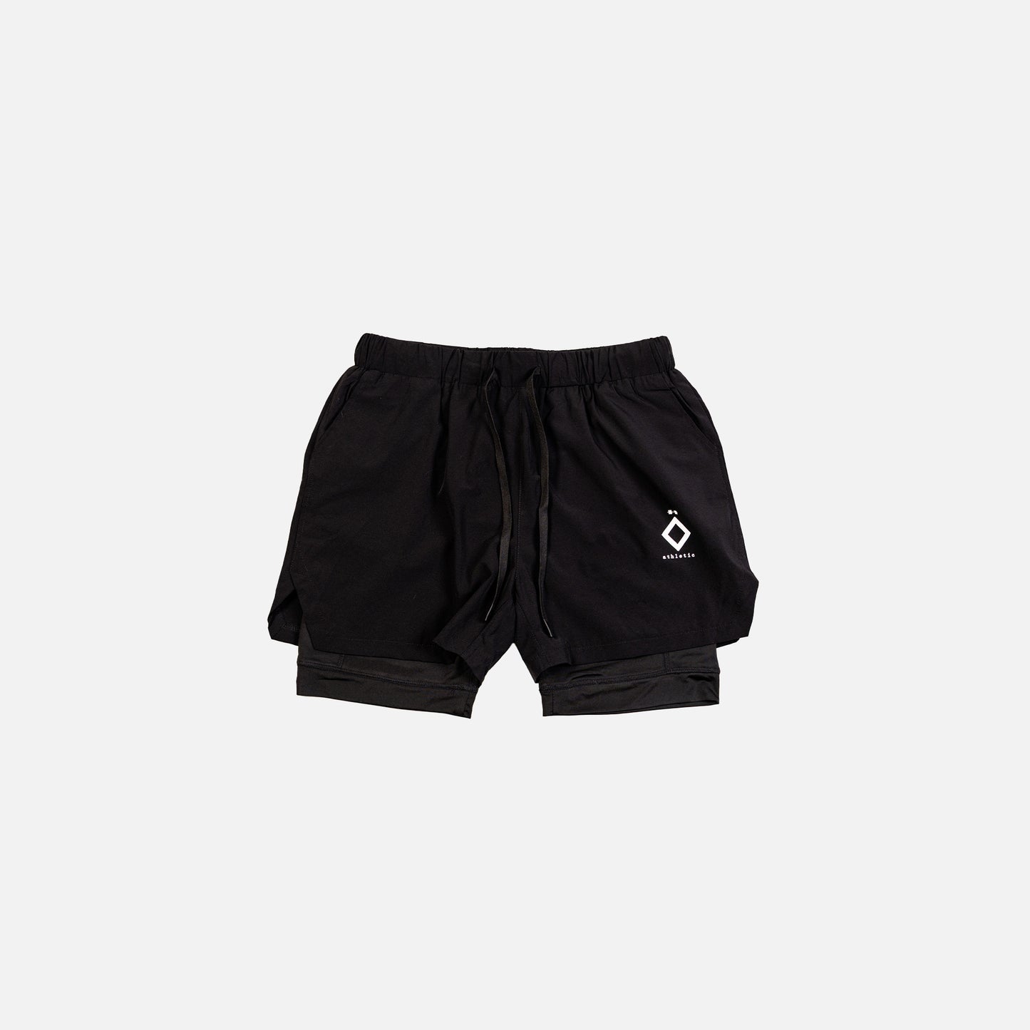 A pair of black athletic shorts with a small white logo on the left leg, viewed from the front.