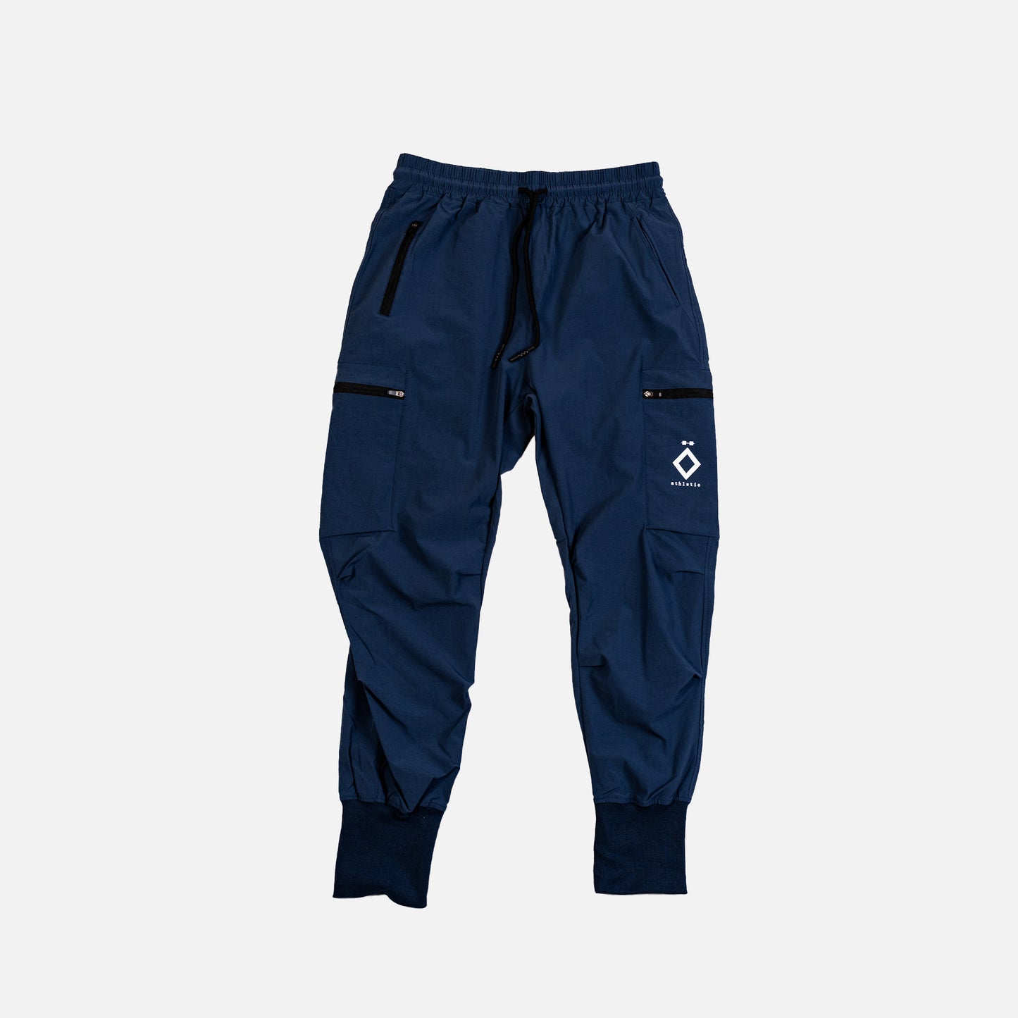 Navy blue pants with a logo on a light gray background
