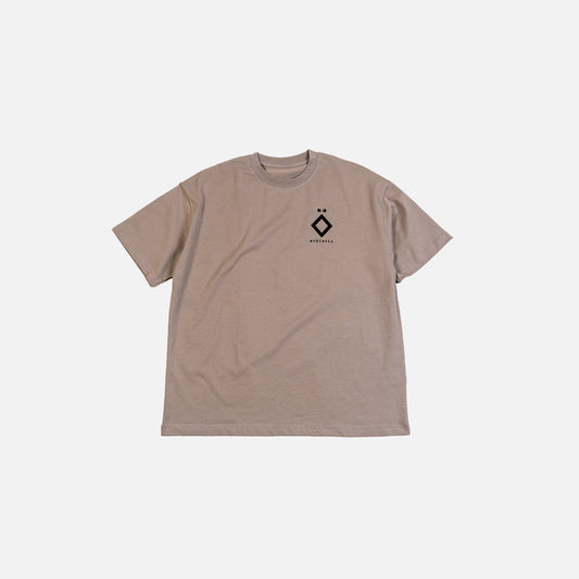 Beige t-shirt with a black logo on a white background