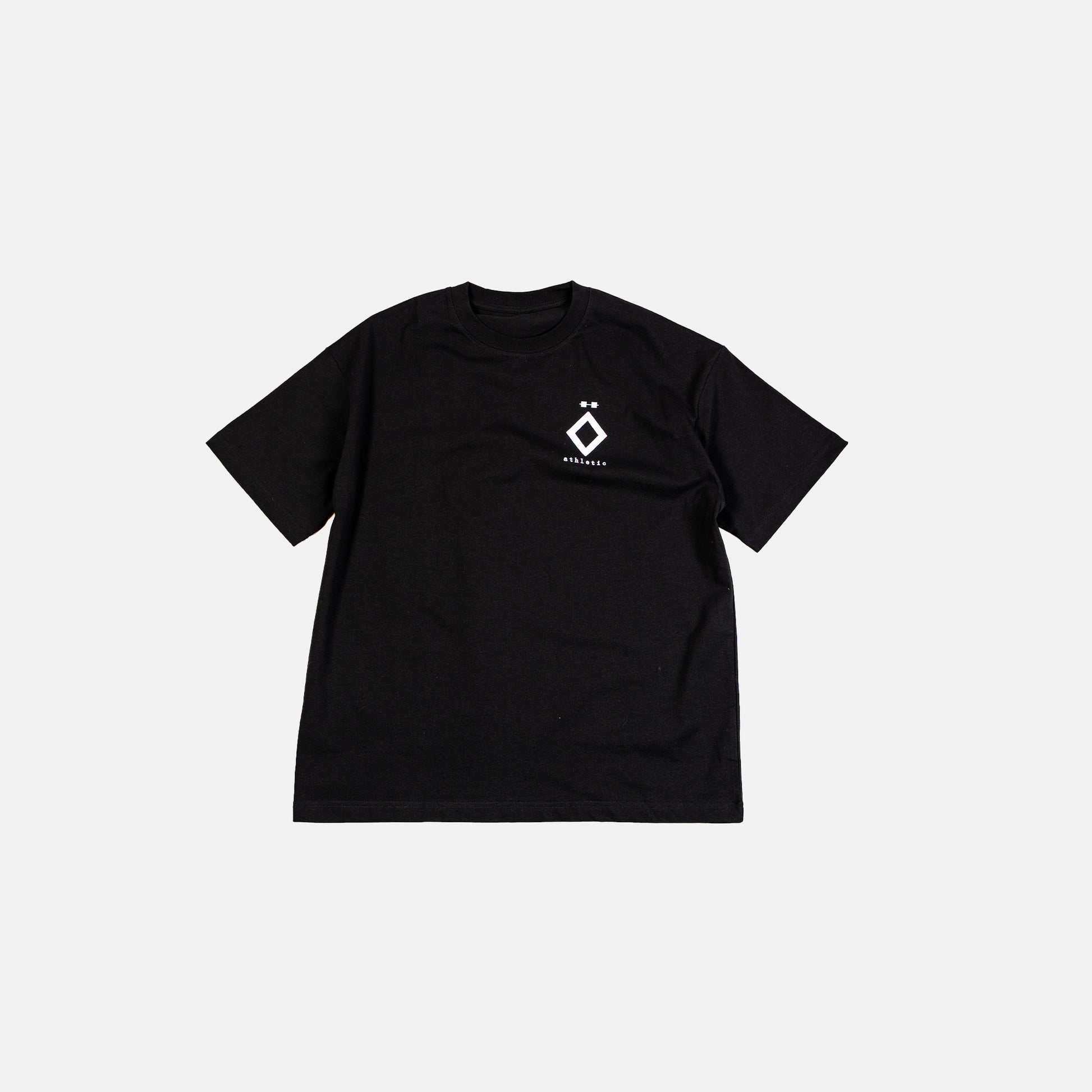 Black t-shirt with a white logo on a light gray background