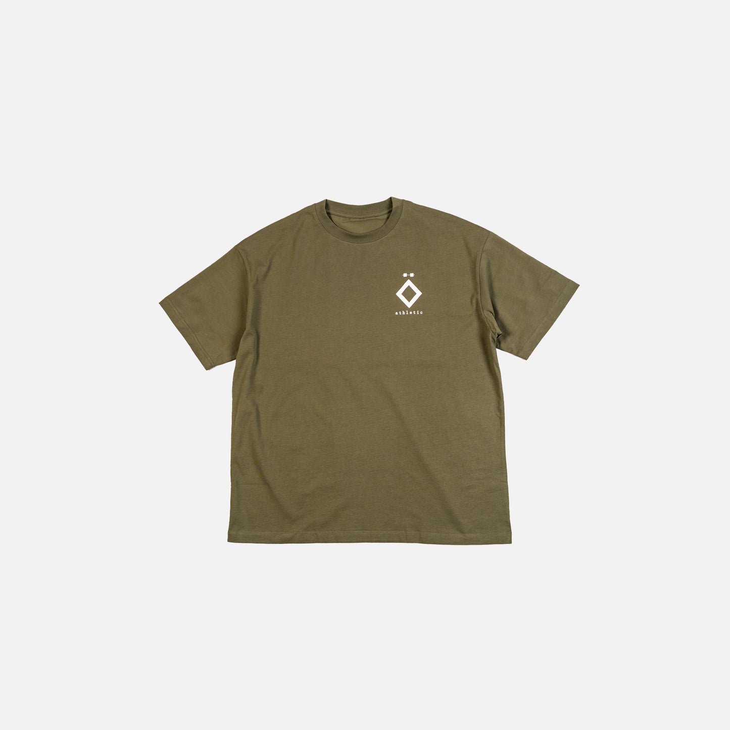 Olive green t-shirt with a logo on a white background