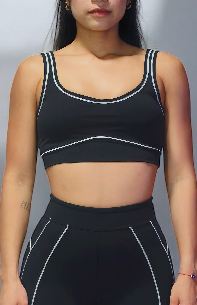 black sport bra whit white lines